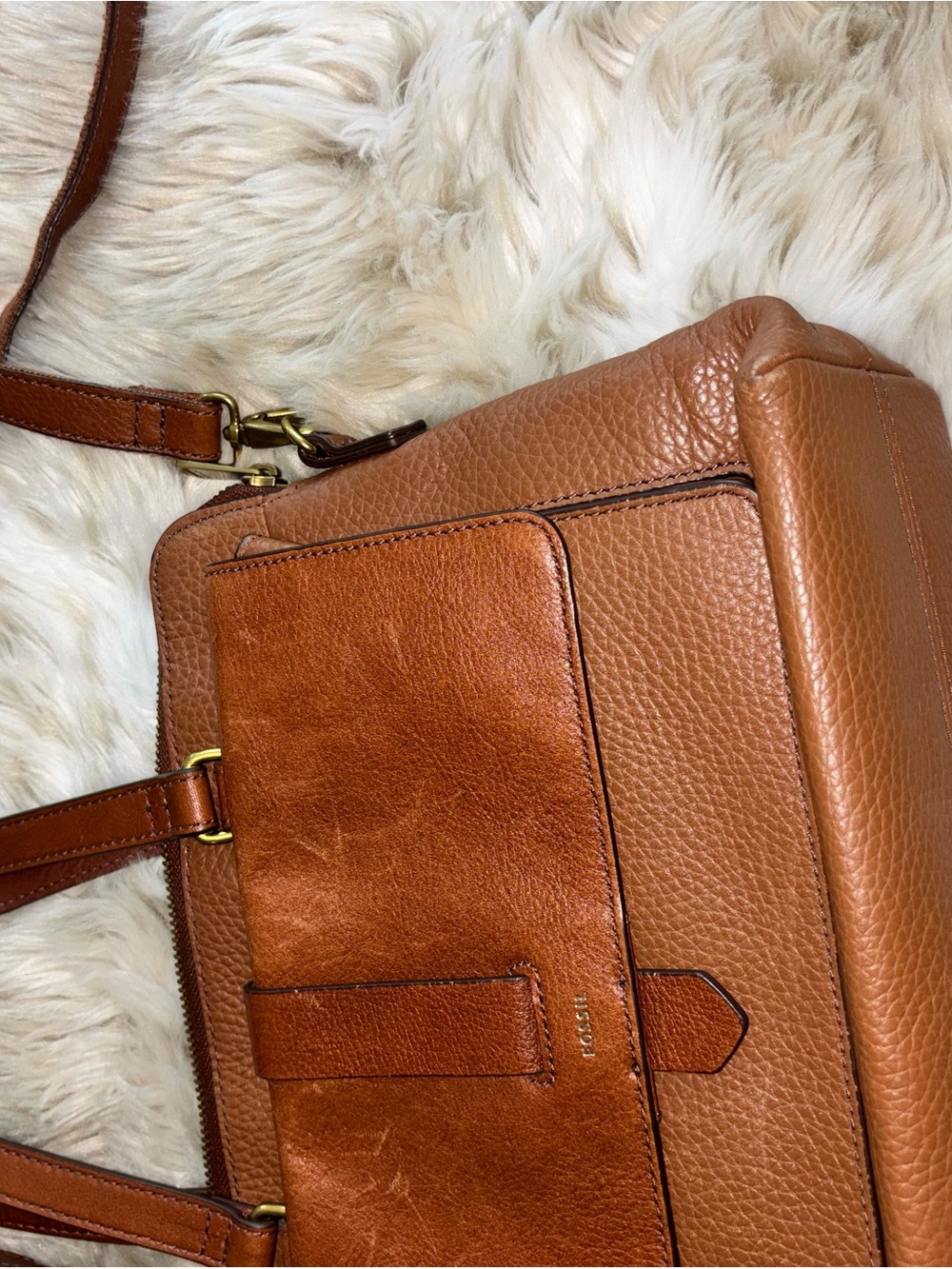 Fossil Tan/Brown Leather Satchel with Front Pocket - Picture 3 of 7